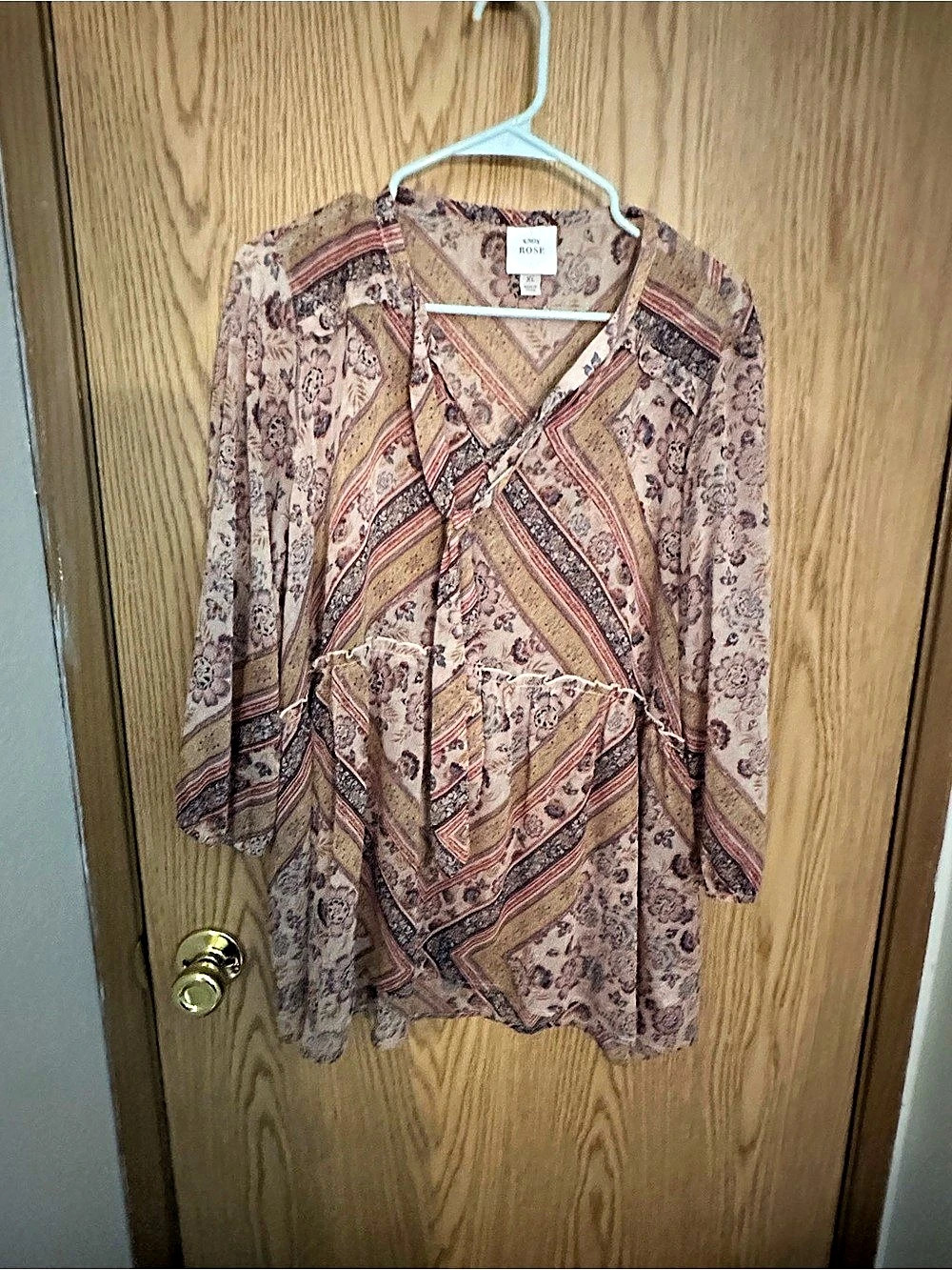Knox Rose Paisley Long Sleeve Blouse in Brown & Pink Size XL